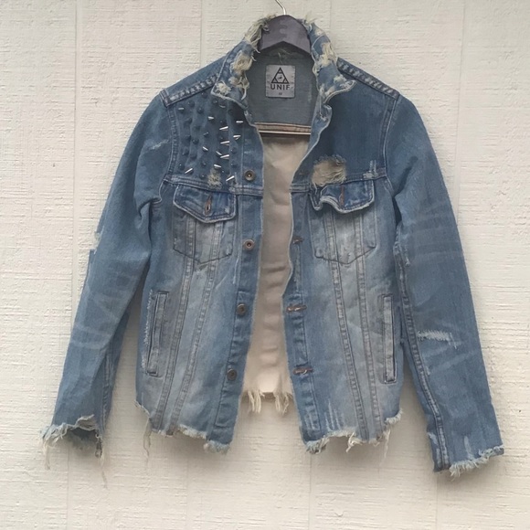 UNIF American flag denim jean distressed spikes jacket - Picture 2 of 16